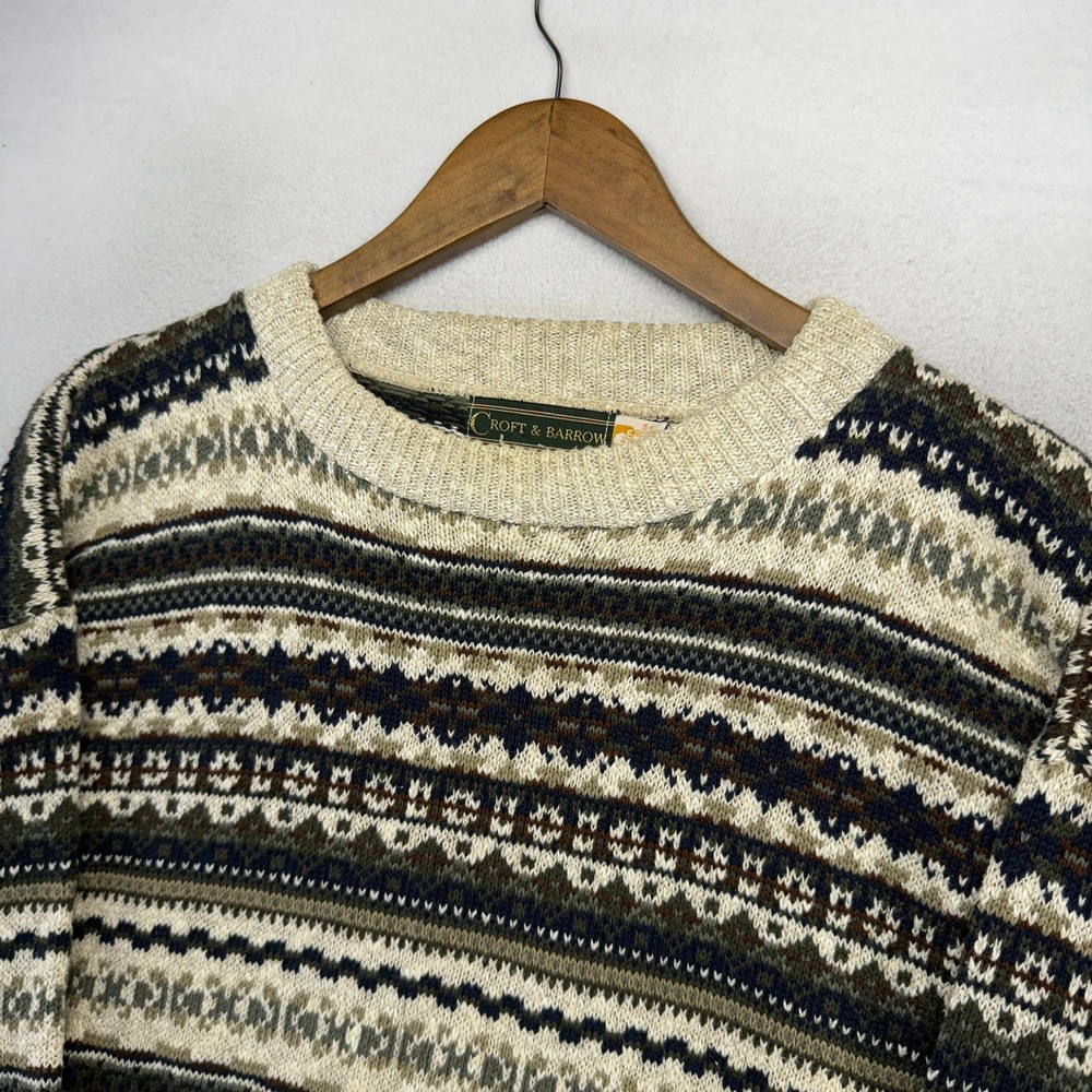 Vintage Croft Barrow Sweater men's Large beige Green Striped Geometric USA 90s
